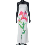 Holiday Style Flower Print Contrast Color Low Back Strapless Long Dress