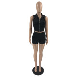 Women's Summer Hooded Sleeveless Zipper Top and Shorts Two-Piece Sports Set