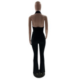 Women's Solid Color Sexy Low Back Halter Neck Turndown Collar Jumpsuit