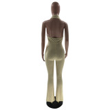 Women's Solid Color Sexy Low Back Halter Neck Turndown Collar Jumpsuit