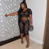 Women's Spring/Summer Lace See-Through Round Neck Open Waist Tight Slim Three-Piece Pants Set