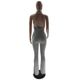 Women's Solid Color Sexy Low Back Halter Neck Turndown Collar Jumpsuit
