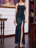 Summer Women's Square Neck High-Waist Slim Split Sequin Strap Dress
