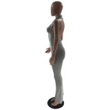 Women's Solid Color Sexy Low Back Halter Neck Turndown Collar Jumpsuit