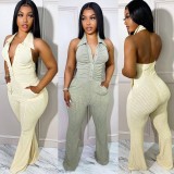 Women's Solid Color Sexy Low Back Halter Neck Turndown Collar Jumpsuit