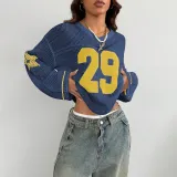 Fashion Casual Street Trend Print V-Neck Long Sleeve Knitted Sweater
