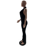 Women's Solid Color Sexy Low Back Halter Neck Turndown Collar Jumpsuit