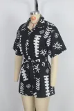 Summer Women's Turndown Collar Slim Waist Short Sleeve Casual Loose Jumpsuit