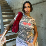 Women's Spring/Summer Camouflage Cherry Print Round Neck Slim T-Shirt