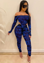 Women's Casual Sexy Mesh Letter Print Off-Shoulder See-Through Slim Long Sleeve Bodysuit Trousers Two-Piece Set