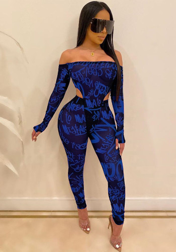 Women's Casual Sexy Mesh Letter Print Off-Shoulder See-Through Slim Long Sleeve Bodysuit Trousers Two-Piece Set