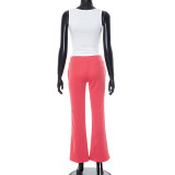 Women's Spring/Summer Round Neck Beaded Letter Print Vest Elastic High-Waist Bell Bottom Pants Two Piece Set
