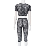 Women's Spring/Summer Lace See-Through Round Neck Open Waist Tight Slim Three-Piece Pants Set