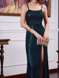 Summer Women's Square Neck High-Waist Slim Split Sequin Strap Dress