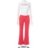 Women's Spring/Summer Round Neck Beaded Letter Print Vest Elastic High-Waist Bell Bottom Pants Two Piece Set