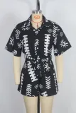 Summer Women's Turndown Collar Slim Waist Short Sleeve Casual Loose Jumpsuit