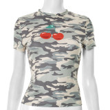 Women's Spring/Summer Camouflage Cherry Print Round Neck Slim T-Shirt