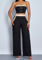 Spring/Summer Strapless Contrast Fashion Casual Loose Wide-Leg Pants Set