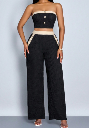 Spring/Summer Strapless Contrast Fashion Casual Loose Wide-Leg Pants Set