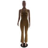 Women's Solid Color Sexy Low Back Halter Neck Turndown Collar Jumpsuit