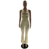 Women's Solid Color Sexy Low Back Halter Neck Turndown Collar Jumpsuit
