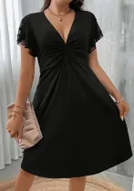Plus Size Women Solid V-neck Ruffle Sleeve Knot Elegant Dress