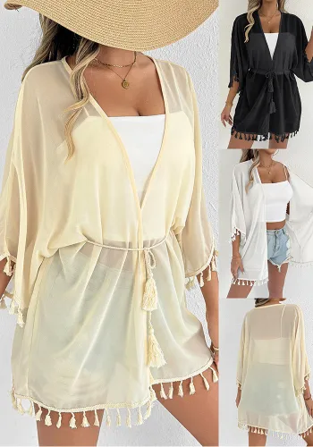 Plus Size Women Solid Tassel Patchwork Casual Beach Bikini Sun Protection Jacket Cover-up