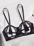 Women Heart Print See-Through Bikini Tassel Hollow Sexy Lingerie Set