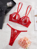 Women Heart Print See-Through Bikini Tassel Hollow Sexy Lingerie Set