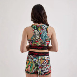 Women Printed Yoga Tank Shorts Two Piece Set