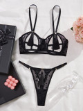 Women Heart Print See-Through Bikini Tassel Hollow Sexy Lingerie Set