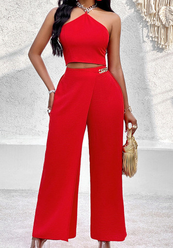 Women summer trendy sexy Solid Halter Neck Top and Pants Two Piece Set