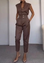 Women Summer Sleeveless Solid Tie Blazer and Pants Two Piece Set