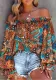 Women Off-Shoulder Printed Contrast Color Puff Sleeve Lace Top