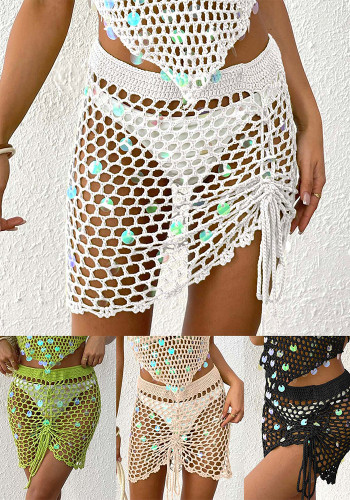 Women Holidays Beach Sequin Patchwork Irregular Drawstring Lace-Up Skirt Hollow Skirt