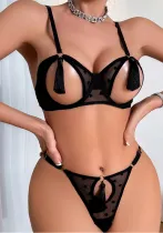 Women Heart Print See-Through Bikini Tassel Hollow Sexy Lingerie Set