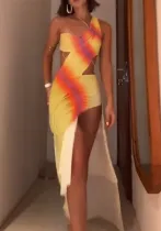 Women Summer One Shoulder Hollow Gradient Dress