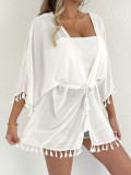 Plus Size Women Solid Tassel Patchwork Casual Beach Bikini Sun Protection Jacket Cover-up