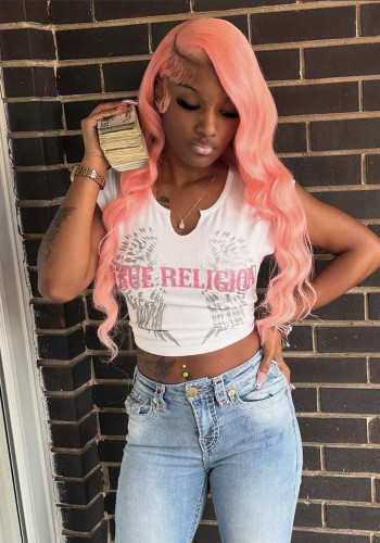Women Sexy Letter Print U Neck Short Sleeve T-shirt