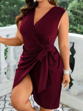 Plus Size Women V-neck pleated sexy dress