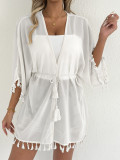 Plus Size Women Solid Tassel Patchwork Casual Beach Bikini Sun Protection Jacket Cover-up