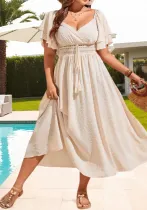 Plus Size Women Beach Hollow Waist Lace Jacquard Solid Dress
