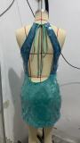 Women Sexy Sequined Halter Neck Backless Strap Dress