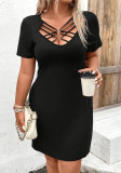 Plus Size Women Short Sleeve V Neck Hollow Cross Sexy Dress