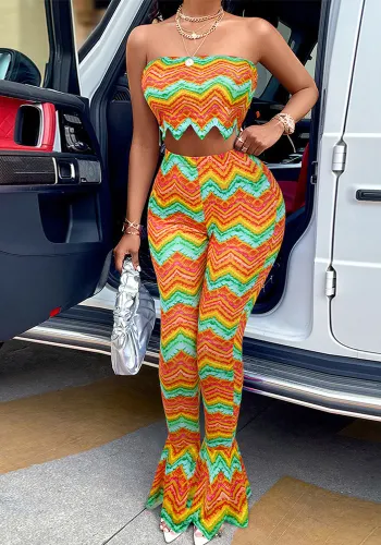 Women sexy summer printed Strapless Top Pants Two Piece Set