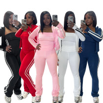 Women patchwork striped yoga wear zipper long-sleeved jacket Strapless sports three-piece