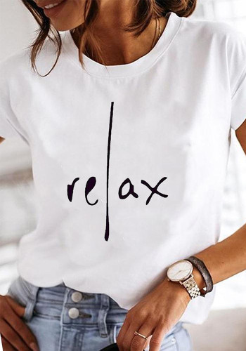 Women Spring Summer Casual Letter Print Round Neck Short Sleeve T-Shirt