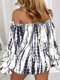 Women Off-Shoulder Printed Contrast Color Puff Sleeve Lace Top