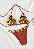 Women Sexy Halter Neck Lace-Up Sequined Two Piece Set Swimsuit