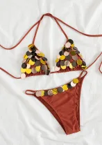 Women Sexy Halter Neck Lace-Up Sequined Two Piece Set Swimsuit